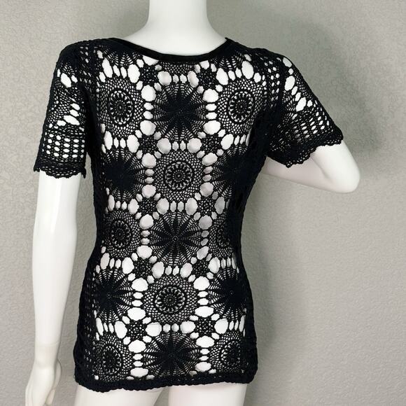 Vtg Y2K 90s Crochet Babydoll Top Sweater Grunge Goth Boho Black Size S - Picture 4 of 8